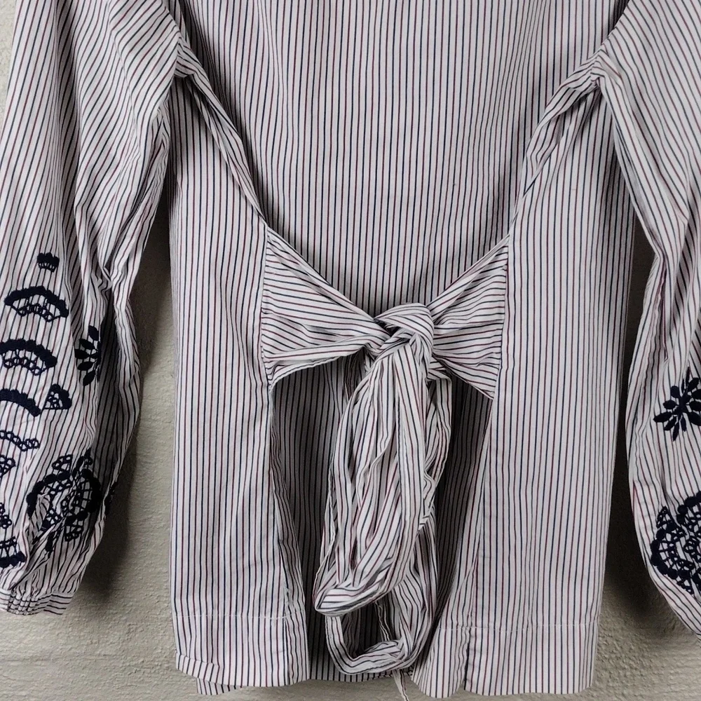 J. Crew Red White Blue Pinstripe Floral Button V-Neck Long Sleeve Tunic …